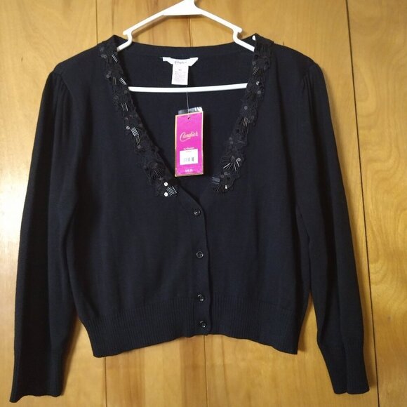 Candie’s Juniors  XL Black Beaded Button Up Cropped 3/4 Sleeve Cardigan New - Picture 1 of 4